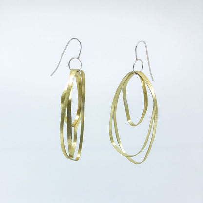 long dangling brass earrings with sterling silver hook • three textured free form elements
