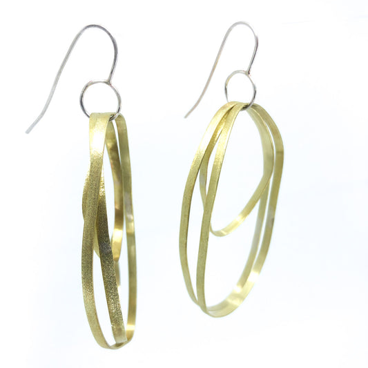 long dangling brass earrings with sterling silver hook • three textured free form elements