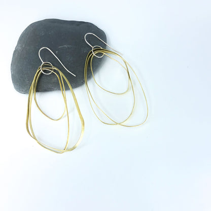 long dangling brass earrings with sterling silver hook • three textured free form elements