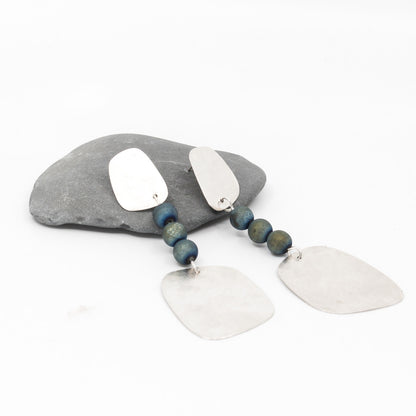 long drop sterling silver earrings with blue green agate beads