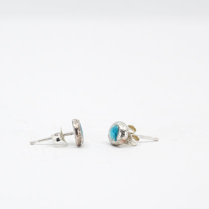 turquoise round small silver stud earrings • resin filled • handmade in France