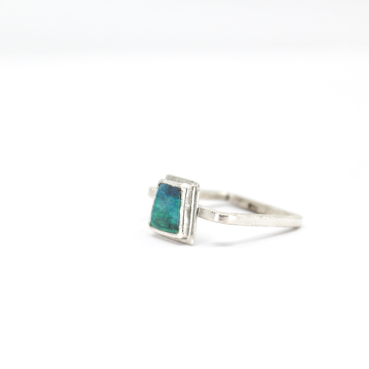 green minimalist Australian opal ring with hammered square 925 eco sterling silver band