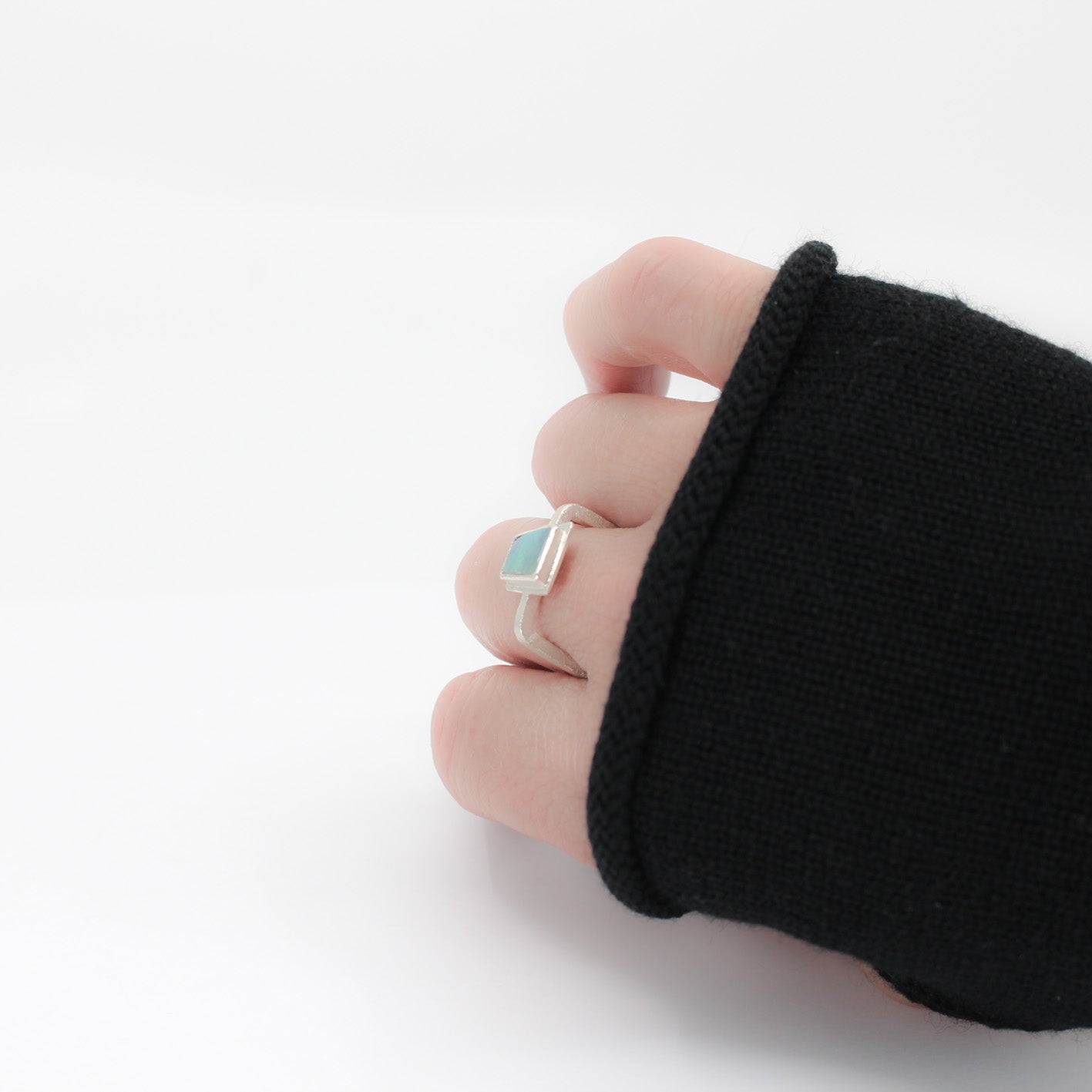 green minimalist Australian opal ring with hammered square 925 eco sterling silver band