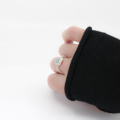 green minimalist Australian opal ring with hammered square 925 eco sterling silver band