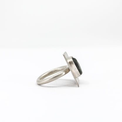 green statement ring in 925 sterling silver set with green sea glass from the French Riviera