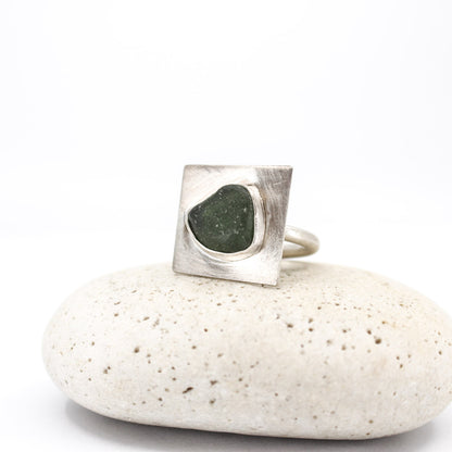 green statement ring in 925 sterling silver set with green sea glass from the French Riviera