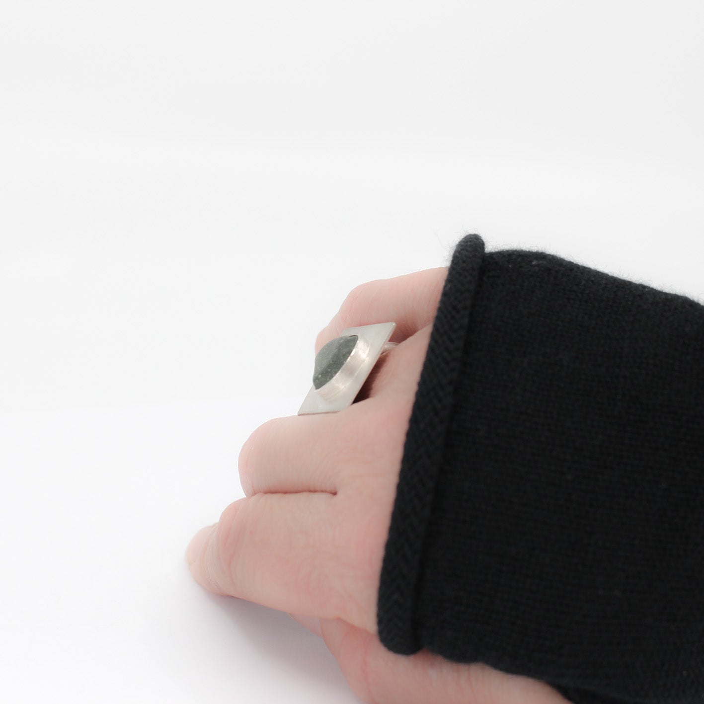 green statement ring in 925 sterling silver set with green sea glass from the French Riviera