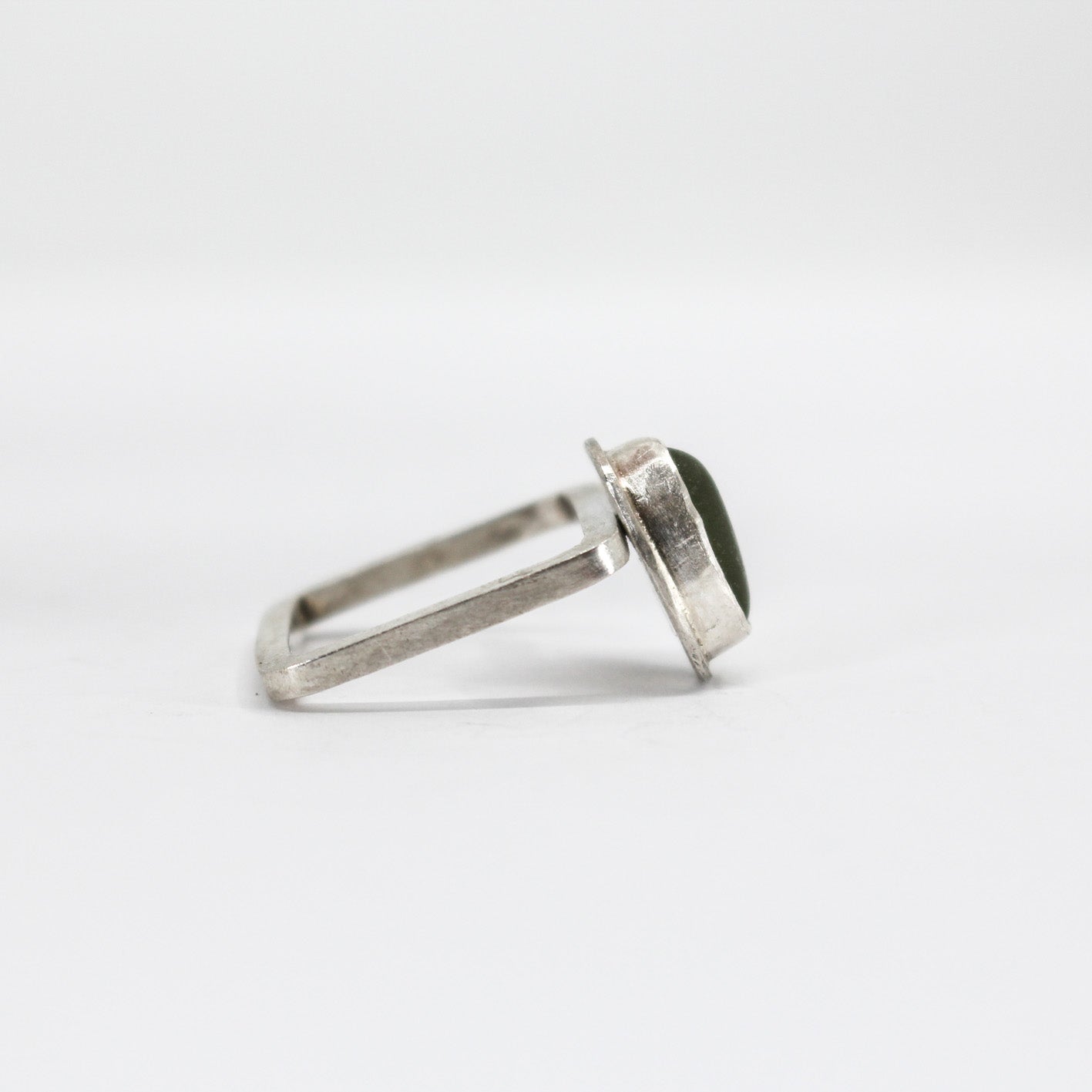 modern simple silver ring with French green sea glass in 925 eco sterling silver
