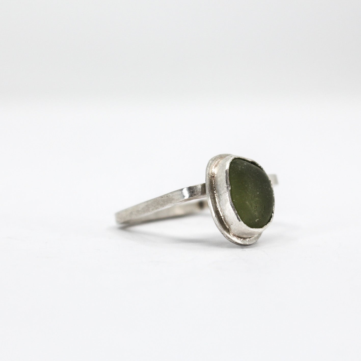 modern simple silver ring with French green sea glass in 925 eco sterling silver