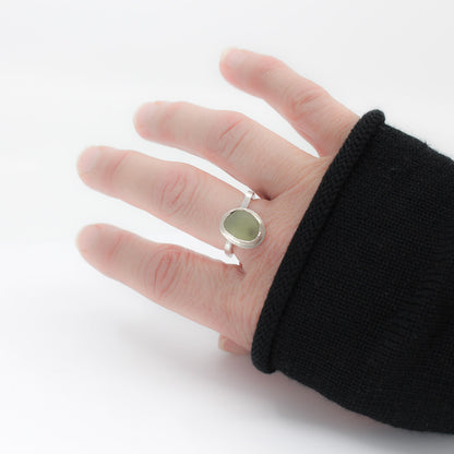 modern simple silver ring with French green sea glass in 925 eco sterling silver
