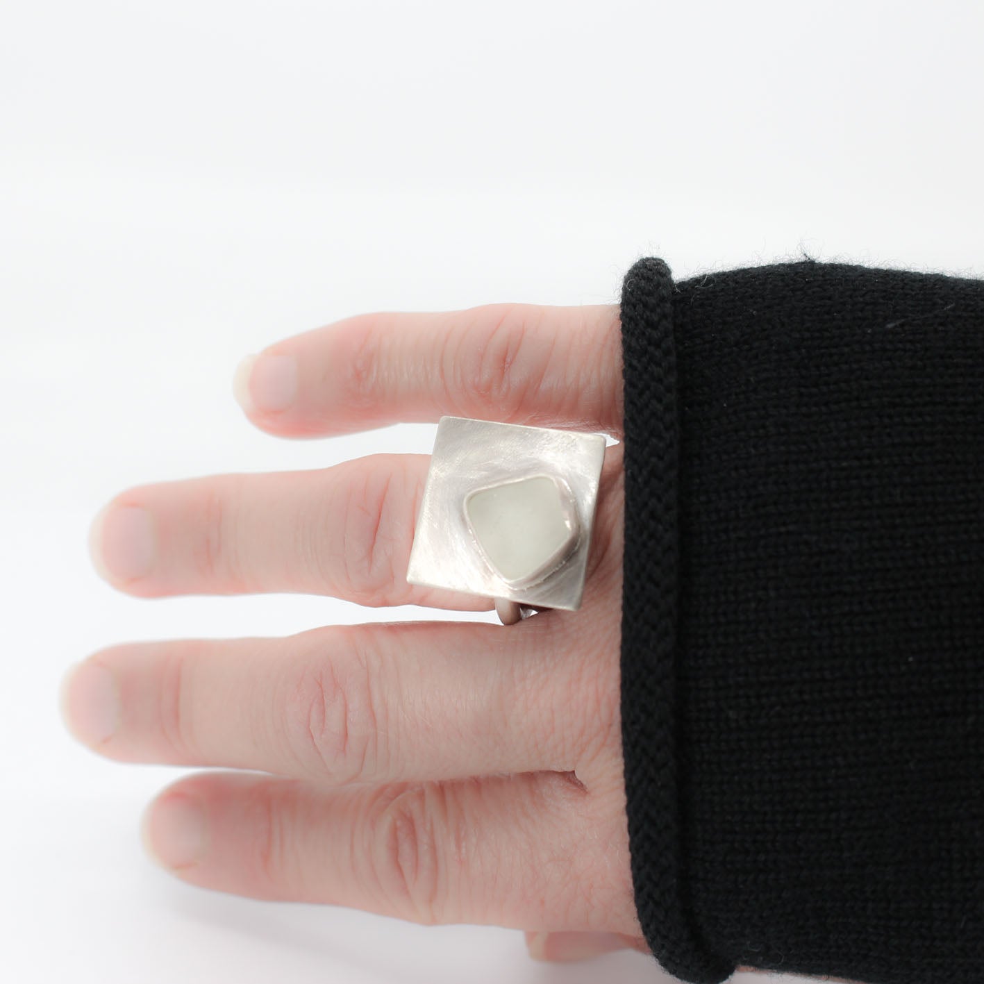 pale grey green French sea glass statement ring in 925 eco sterling silver