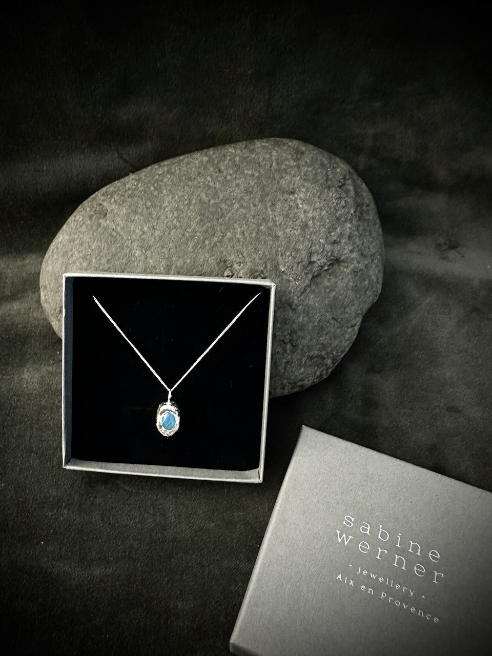 Blue agate pendant necklace in gift box handmade sterling silver jewellery France