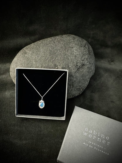 Blue agate pendant necklace in gift box handmade sterling silver jewellery France