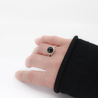 black onyx silver ring with textured round 925 eco sterling silver band • 10 mm onyx