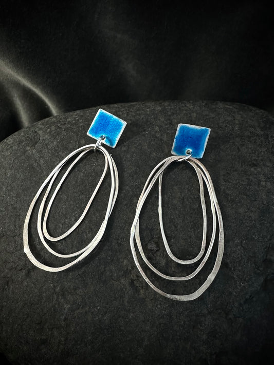 Sterling silver hoop earrings with blue resin accent - handmade statement jewelry
