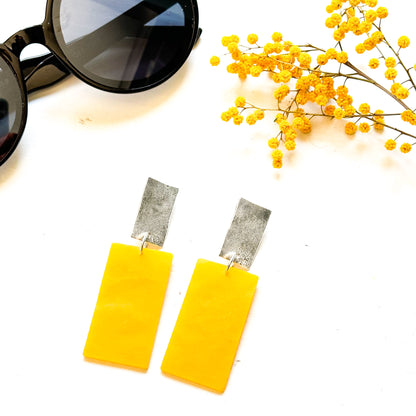 big yellow silver drop earrings • geometric earrings