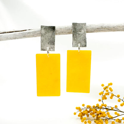 big yellow silver drop earrings • geometric earrings