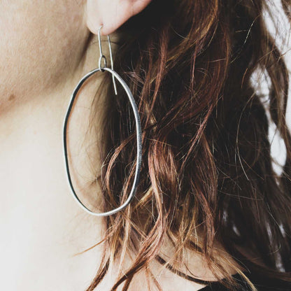 large minimalist dangling silver earrings • textured • eco sterling silver • oxidised